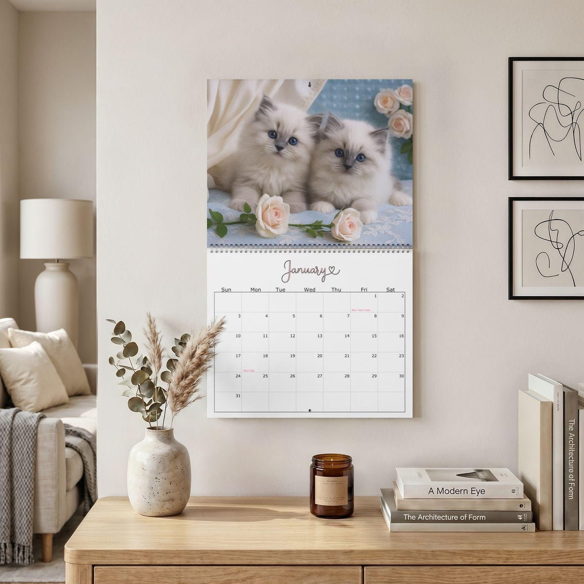 Shabby Chic Cat Wall Calendar 2027, Floral Kitten Monthly Planner in Two Sizes
