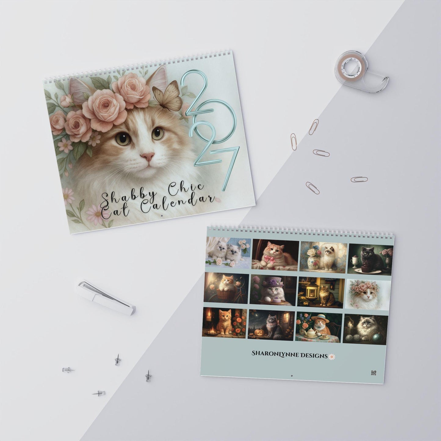 Shabby Chic Cat Wall Calendar 2027, Floral Kitten Monthly Planner in Two Sizes