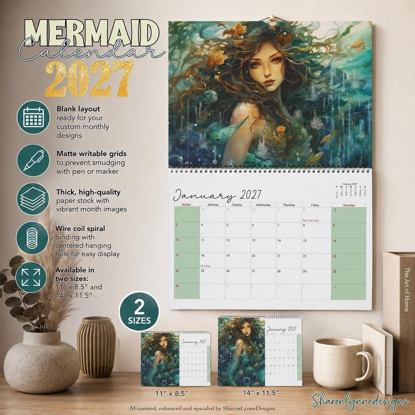 Mermaid Art Wall Calendar | 2027 Illustrated Monthly Planner