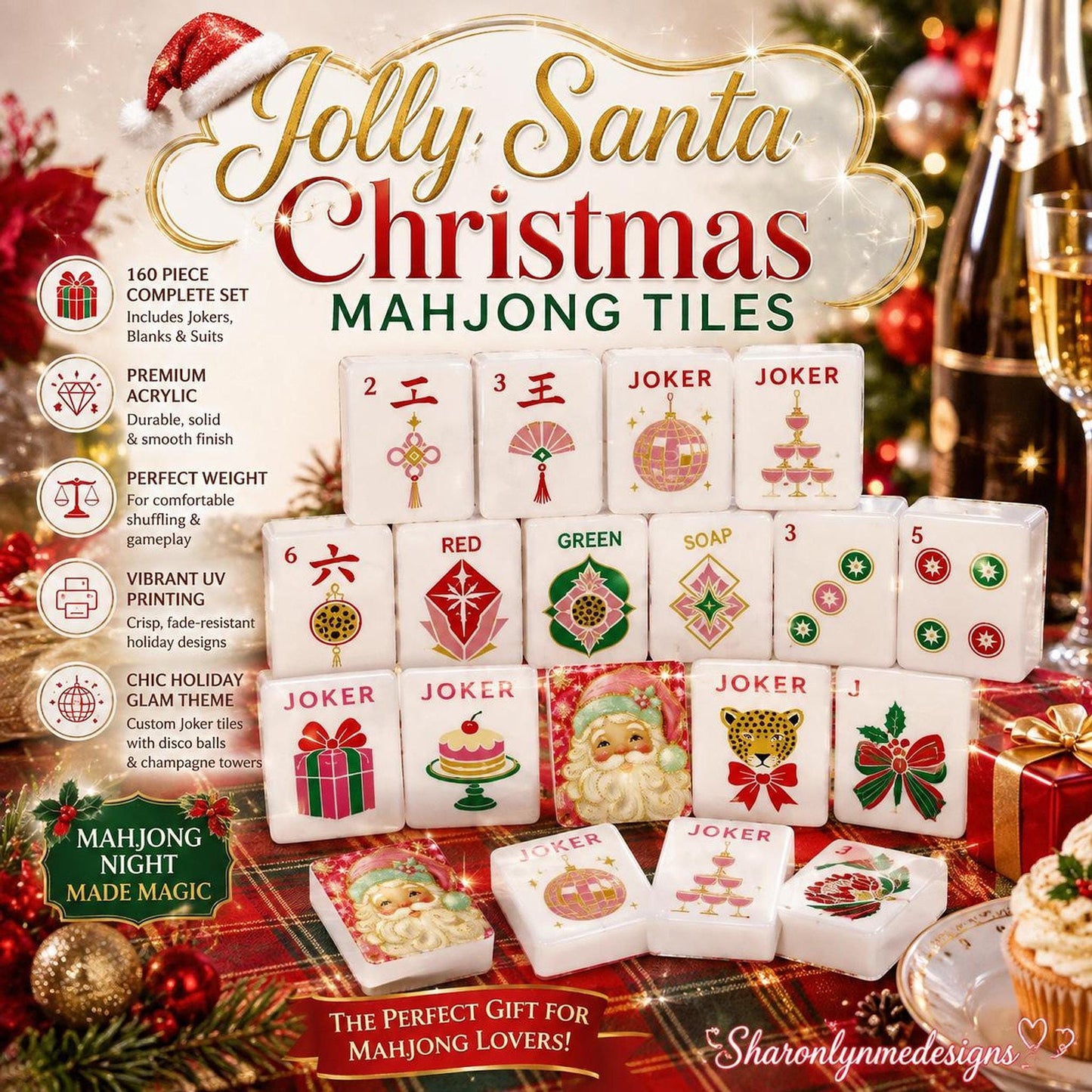 Santa Mahjong Tiles Set, Jolly Christmas Design for Holiday Game Nights