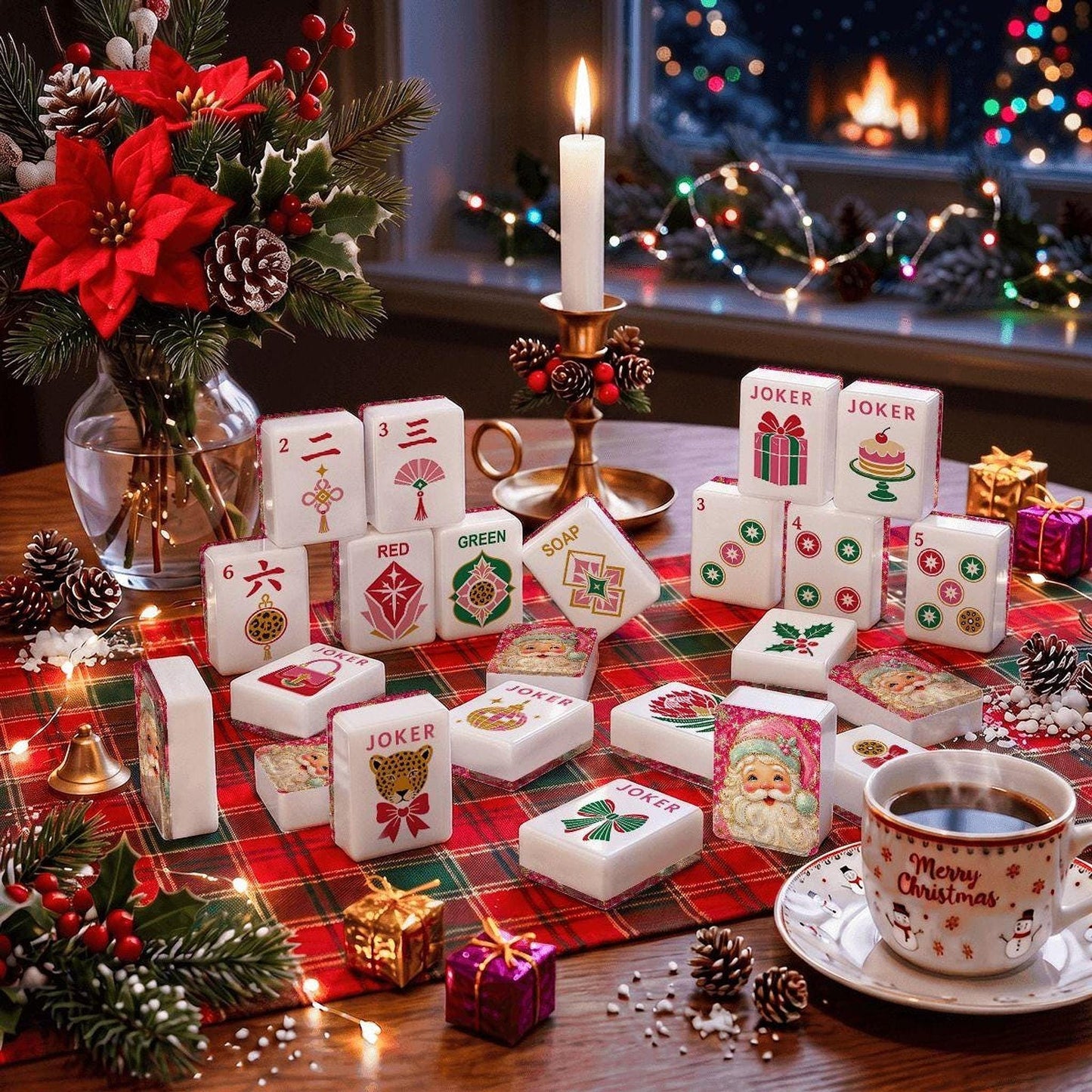 Santa Mahjong Tiles Set, Jolly Christmas Design for Holiday Game Nights
