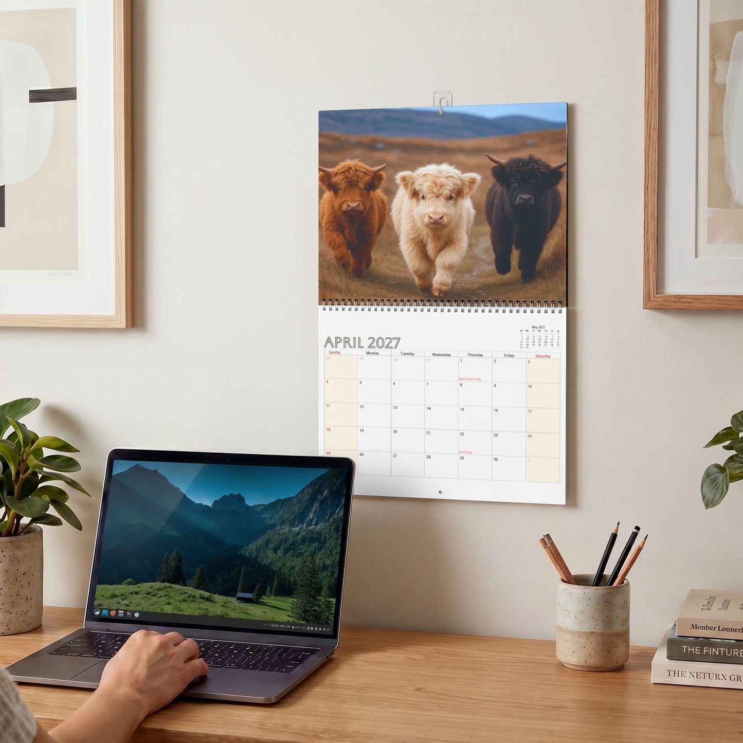 Highland Cow Wall Calendar 2027, Customizable Monthly Planner with Writable Grid