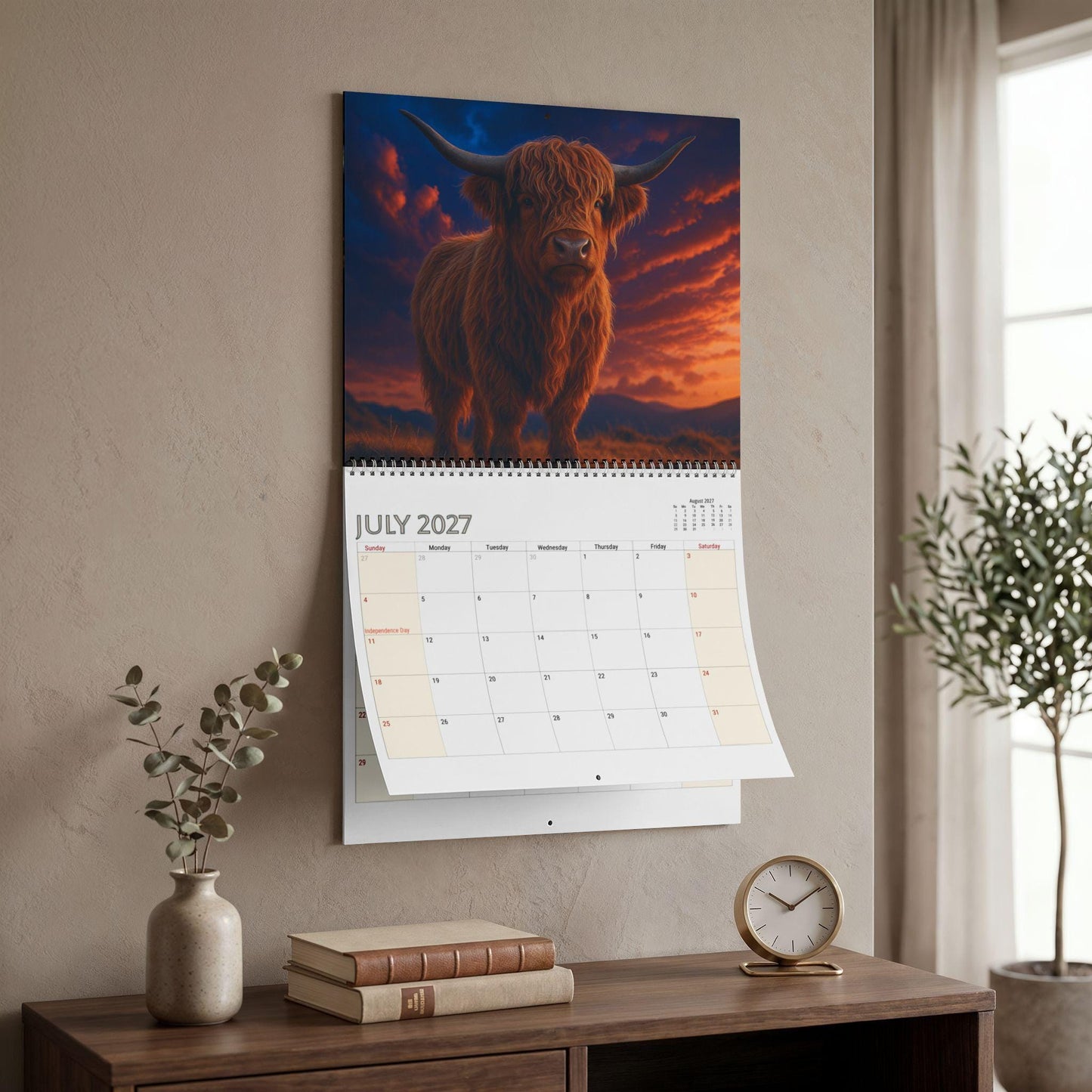 Highland Cow Wall Calendar 2027, Customizable Monthly Planner with Writable Grid