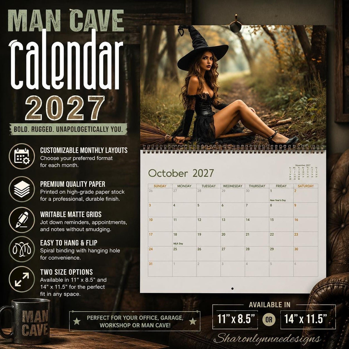 Man Cave Wall Calendar - Monthly Planner for him, Office Organizer, Masculine Home Decor
