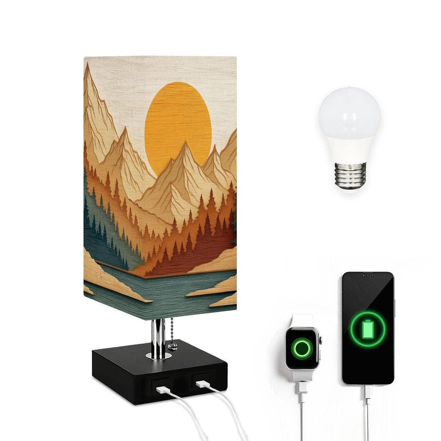 USB Table Lamp with Mountain View Design, Color Changing and Dual USB Charging