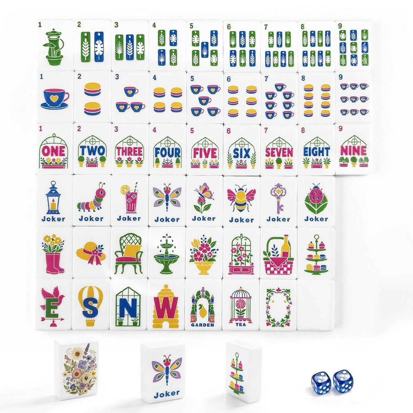Floral Mahjong Set, Garden Style Acrylic Tiles with Dried Flower Designs