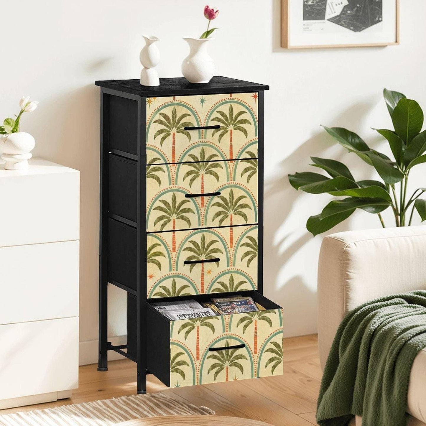 Tropical Dresser with Retro Palm Tree Design, 4 Drawer Storage Cabinet