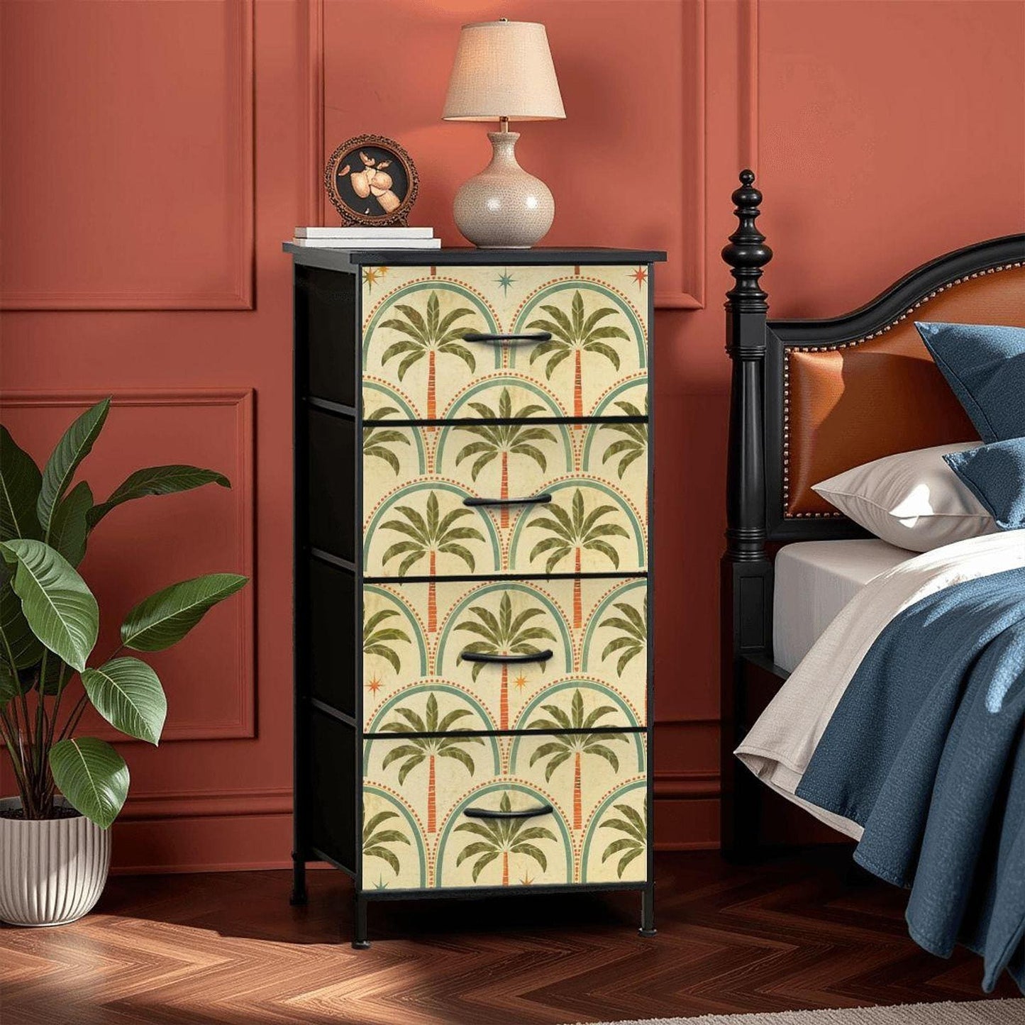 Tropical Dresser with Retro Palm Tree Design, 4 Drawer Storage Cabinet