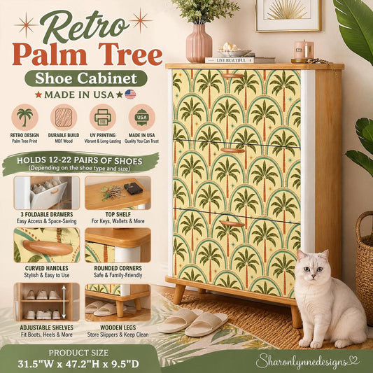 Retro Palm Tree Shoe Organizer, Mid Century Modern Cabinet with Flip Doors