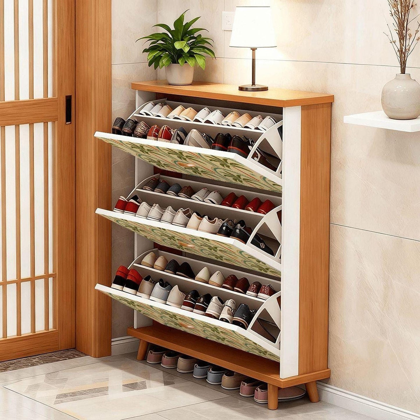 Retro Palm Tree Shoe Organizer, Mid Century Modern Cabinet with Flip Doors