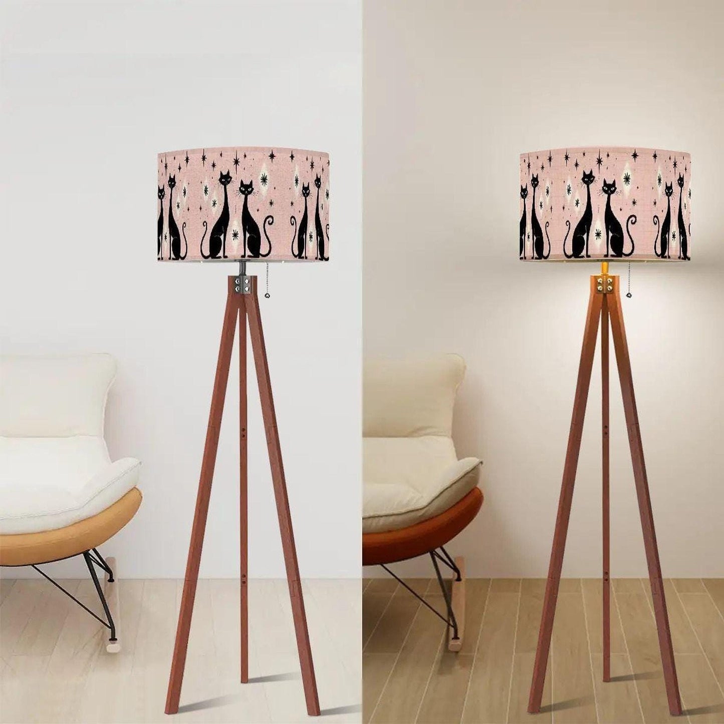 Pink Retro Lamp, Cat Print Linen-Textured Shade, 59.4-Inch Tripod Floor Stand, USA Made