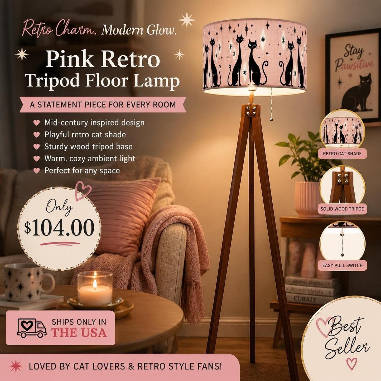 Pink Retro Lamp, Cat Print Linen-Textured Shade, 59.4-Inch Tripod Floor Stand, USA Made