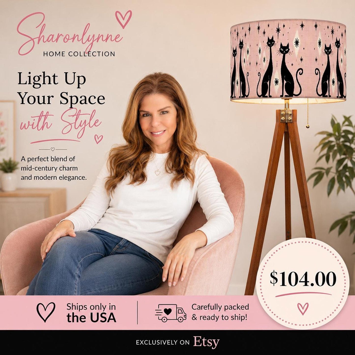 Pink Retro Lamp, Cat Print Linen-Textured Shade, 59.4-Inch Tripod Floor Stand, USA Made