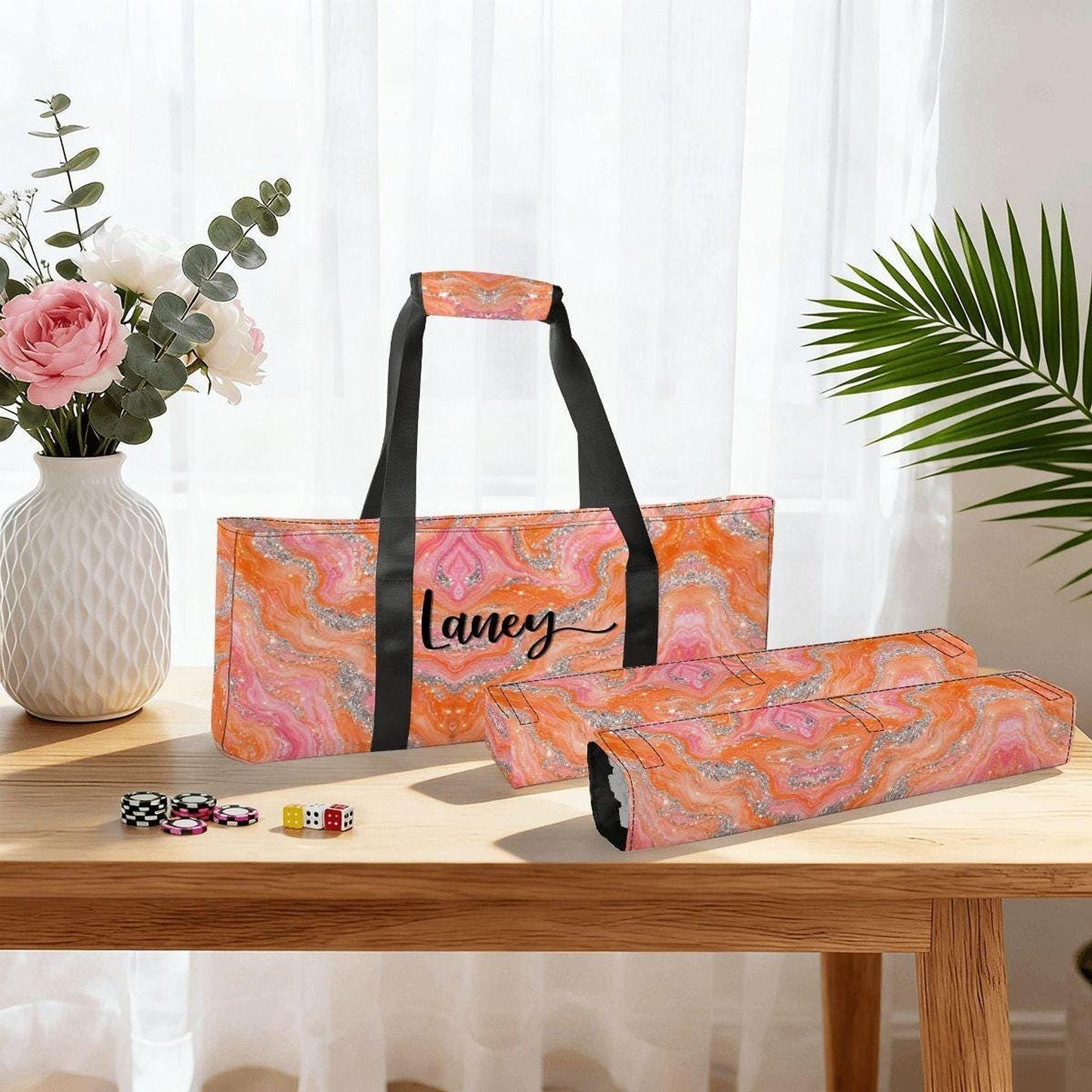 Custom Mahjong Bag, Pink Orange Canvas Set with Three-Piece Storage Organizer