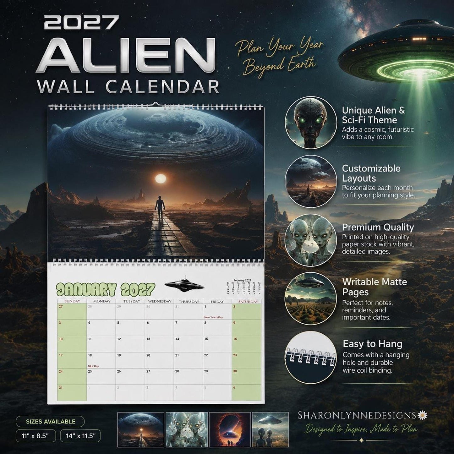 Alien 2027 Wall Calendar - Sci-Fi Space Theme Monthly Planner, Extraterrestrial Home Decor