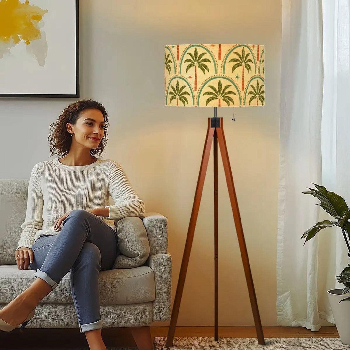 Retro Floor Lamp with Palm Tree Design, Wooden Tripod Base and LED Smart Bulb