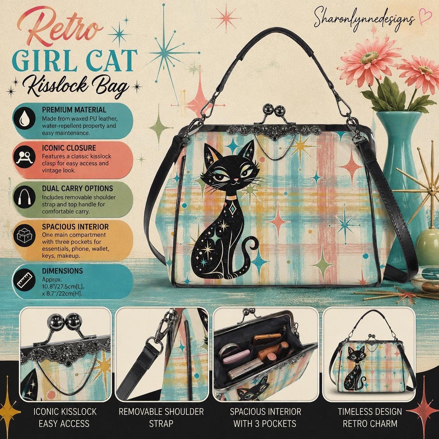 Retro Cat Purse, Mid Century Kiss Lock Handbag with Colorful Design