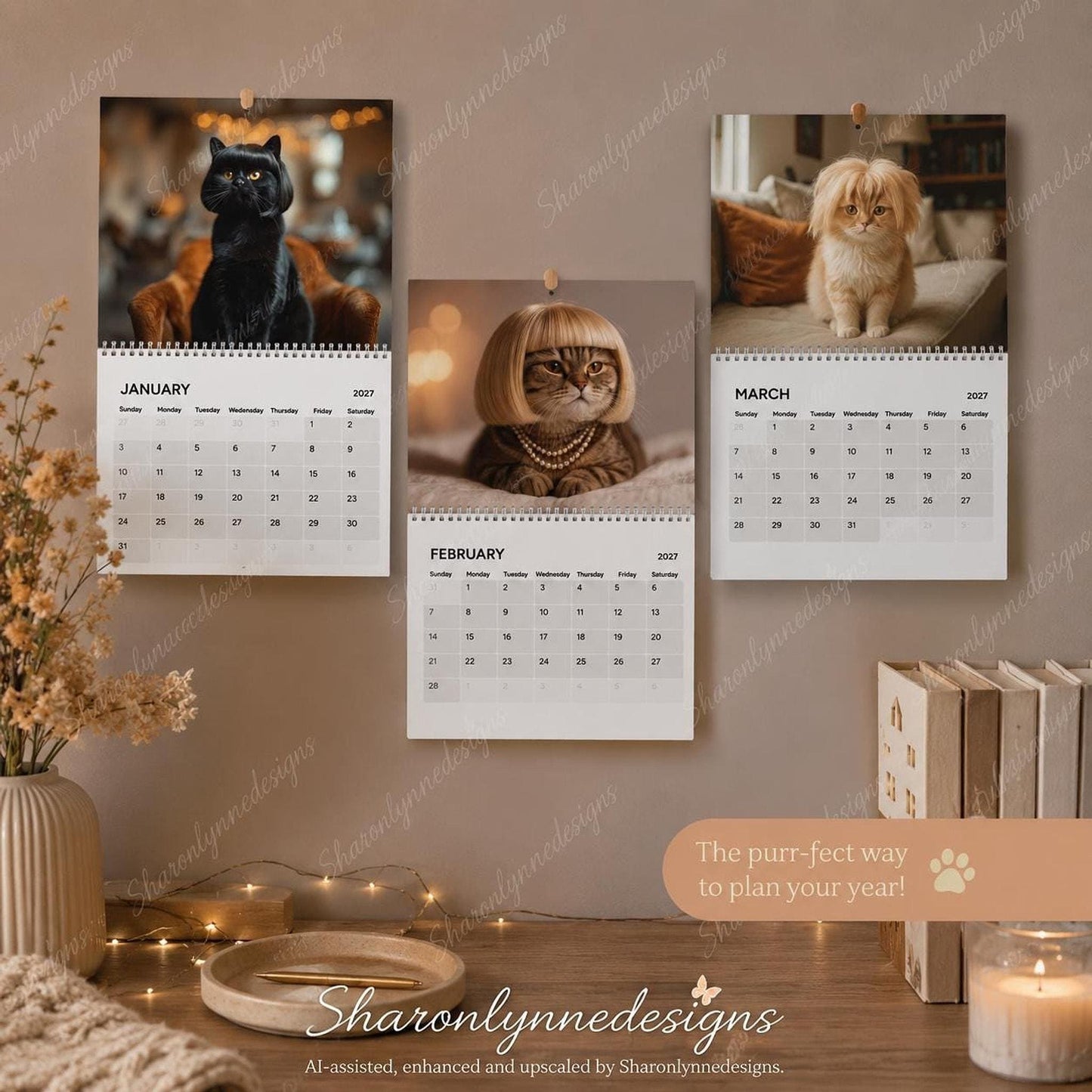 Cat Calendar 2027, Wigged Out Cats Wall with Feline Charm