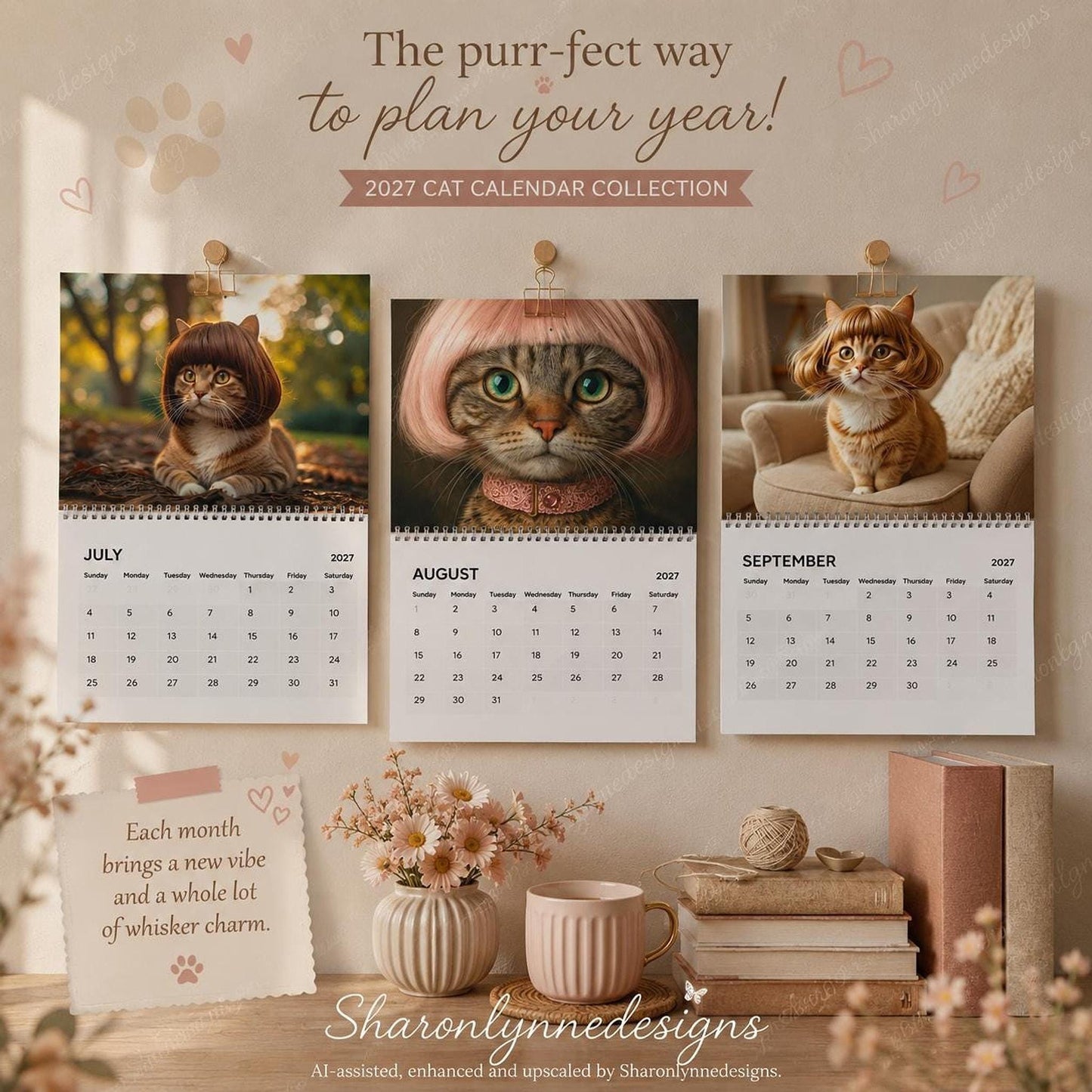 Cat Calendar 2027, Wigged Out Cats Wall with Feline Charm