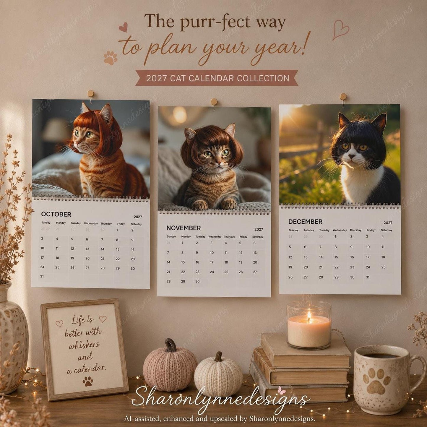 Cat Calendar 2027, Wigged Out Cats Wall with Feline Charm