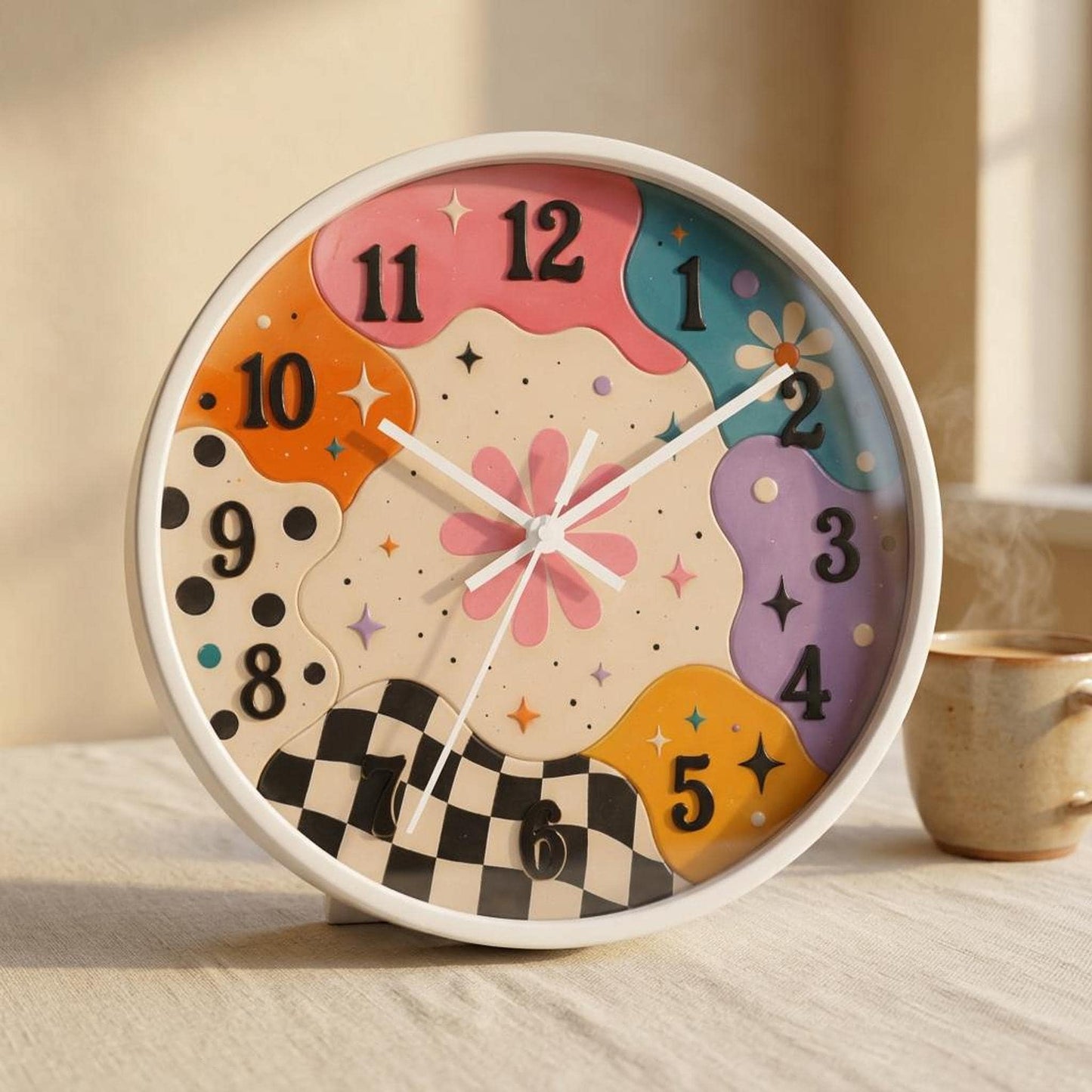 Colorful Wall Clock with Retro Daisy Swirl Design, 10" Size