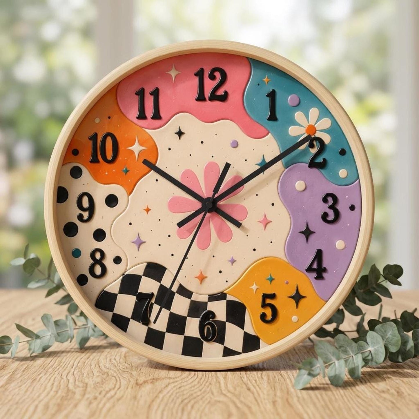 Colorful Wall Clock with Retro Daisy Swirl Design, 10" Size