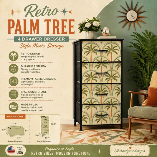 Tropical Dresser with Retro Palm Tree Design, 4 Drawer Storage Cabinet