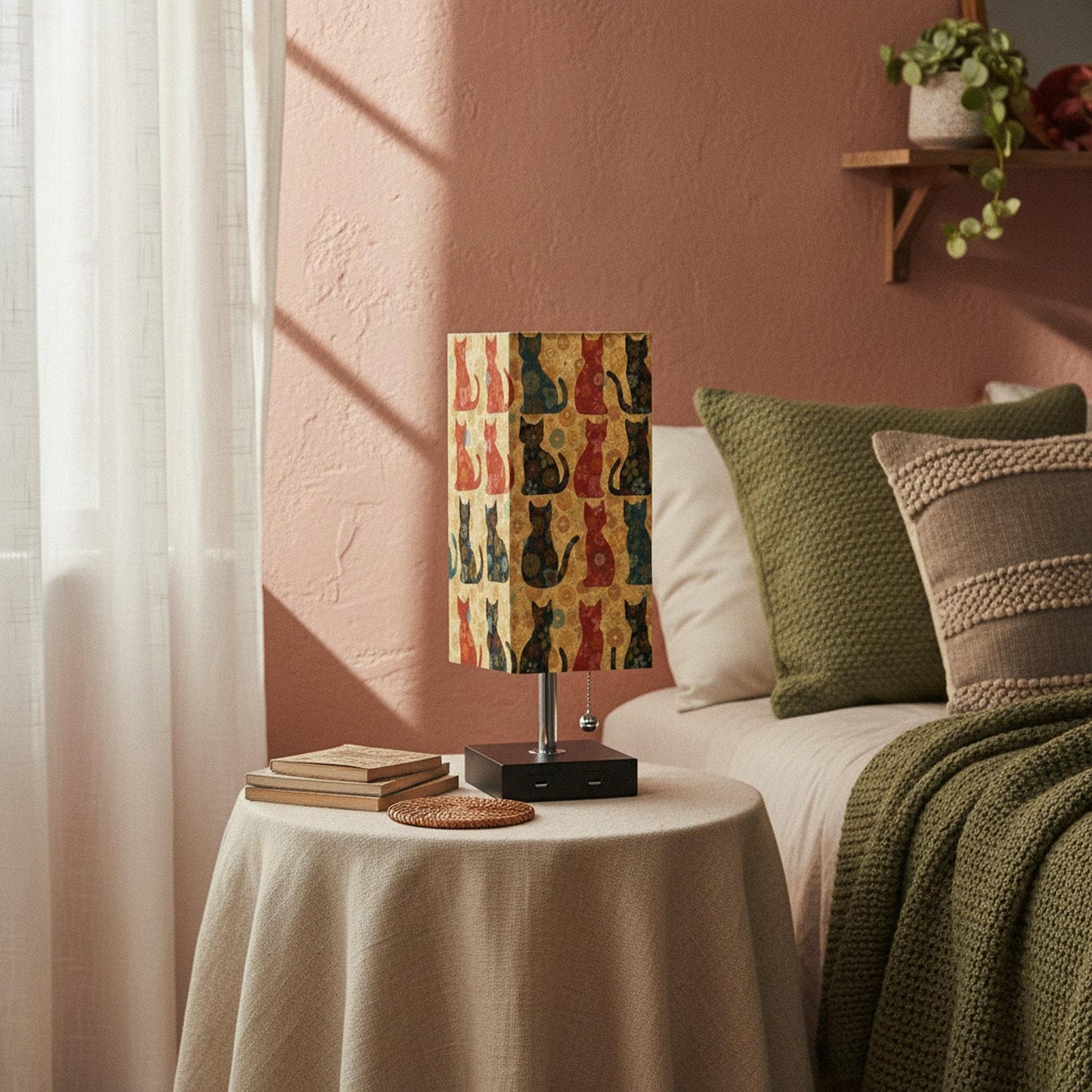 Decorative Lighting, Retro Cat Table Lamp with Linen Shade and 16-Color LED