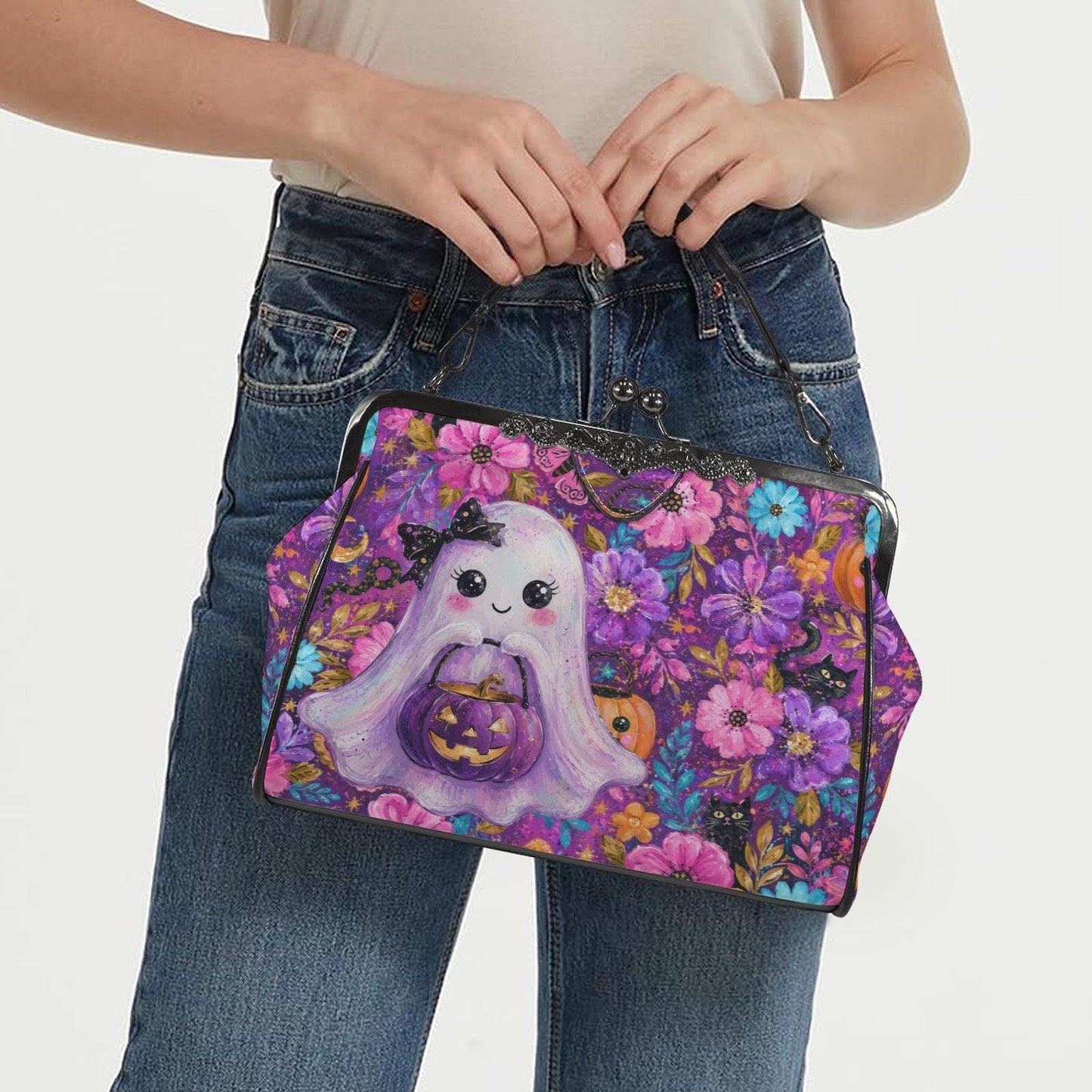 Spooky Crossbody Bag with Ghost Kiss Lock, Waxed PU Leather, Removable Shoulder Strap
