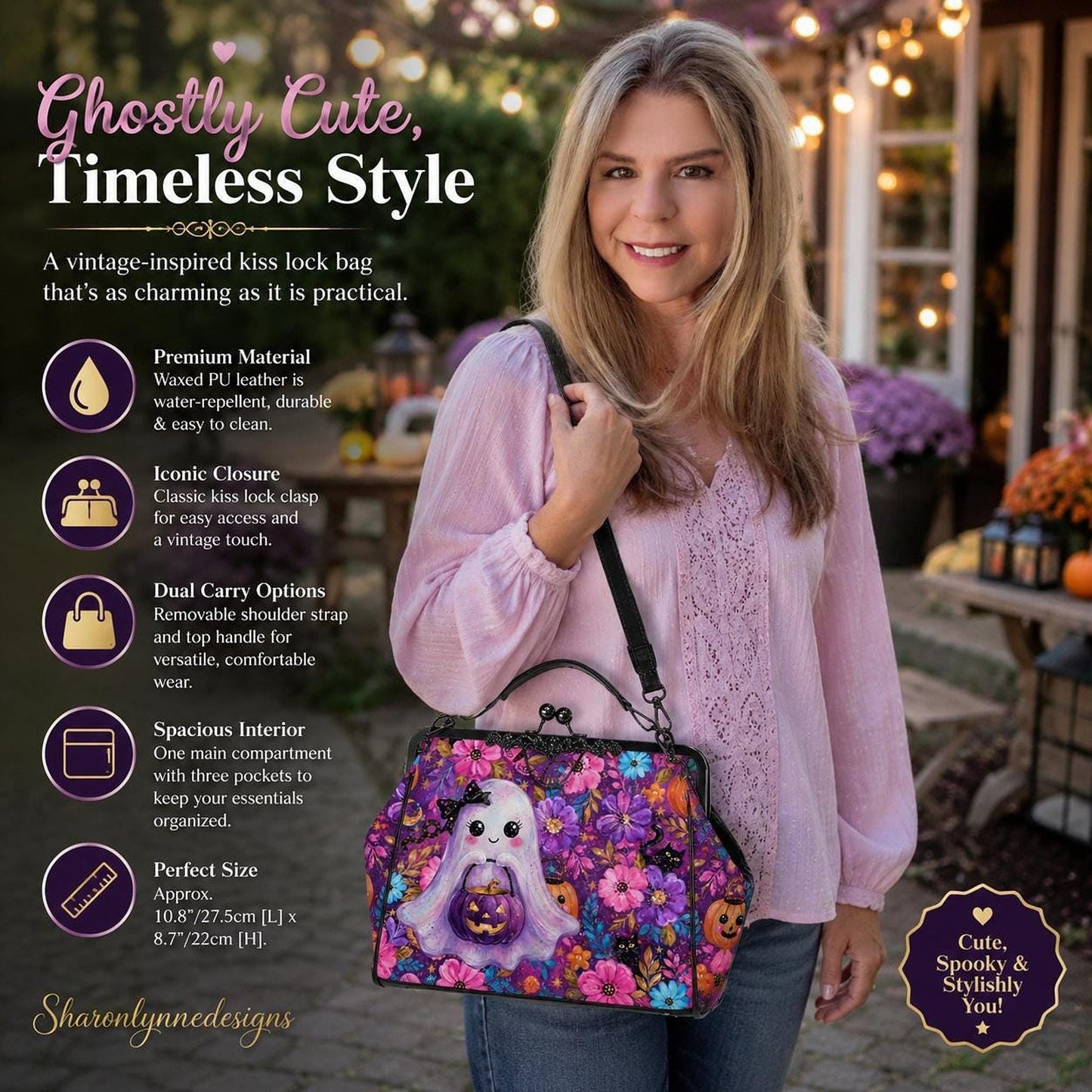 Spooky Crossbody Bag with Ghost Kiss Lock, Waxed PU Leather, Removable Shoulder Strap