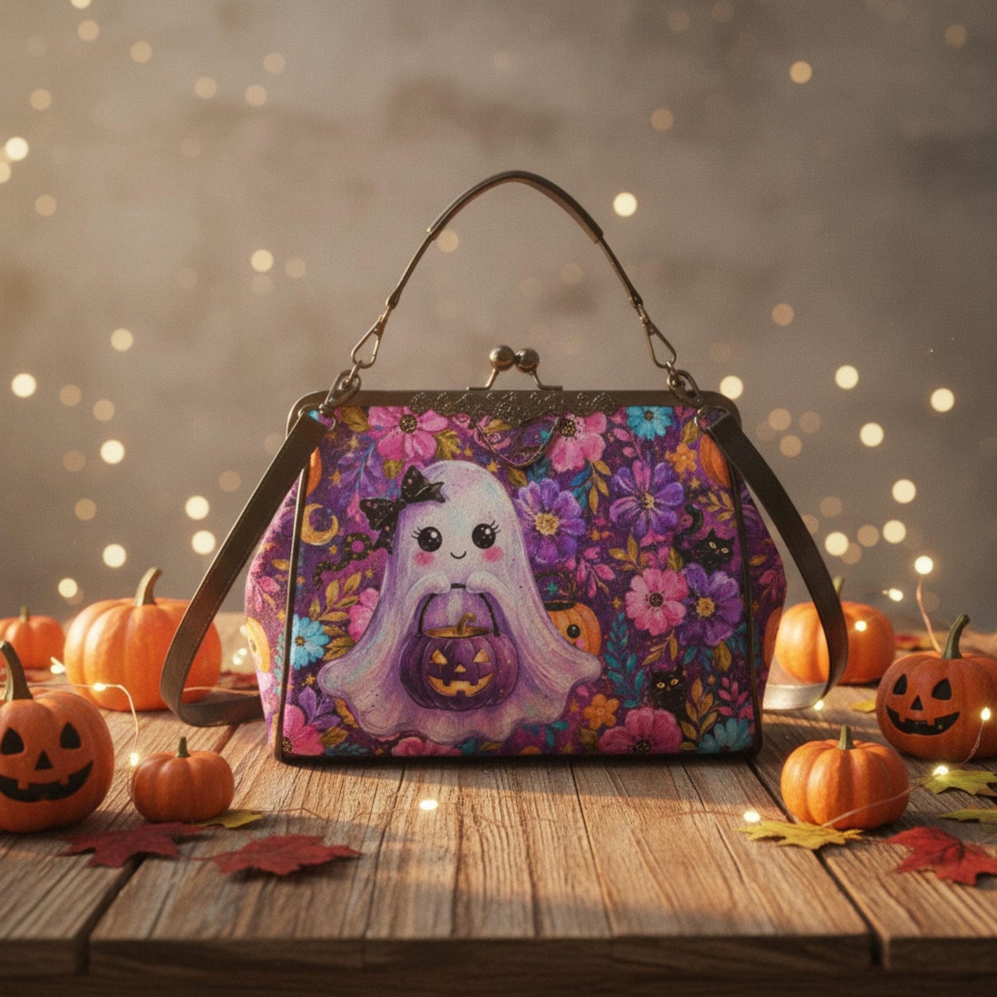 Spooky Crossbody Bag with Ghost Kiss Lock, Waxed PU Leather, Removable Shoulder Strap