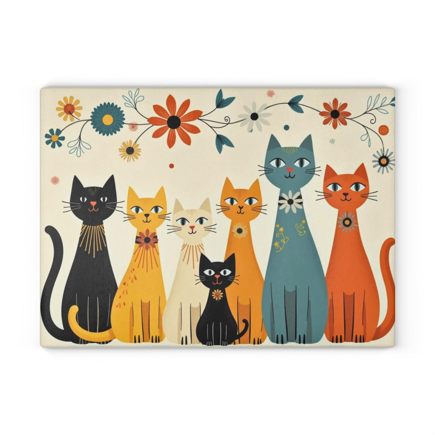 Cat Cutting Board, Tempered Glass with Retro Floral Design, Two Sizes