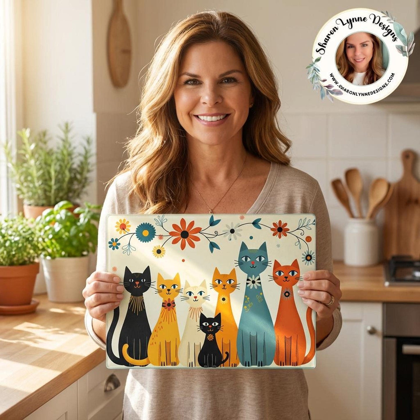 Cat Cutting Board, Tempered Glass with Retro Floral Design, Two Sizes