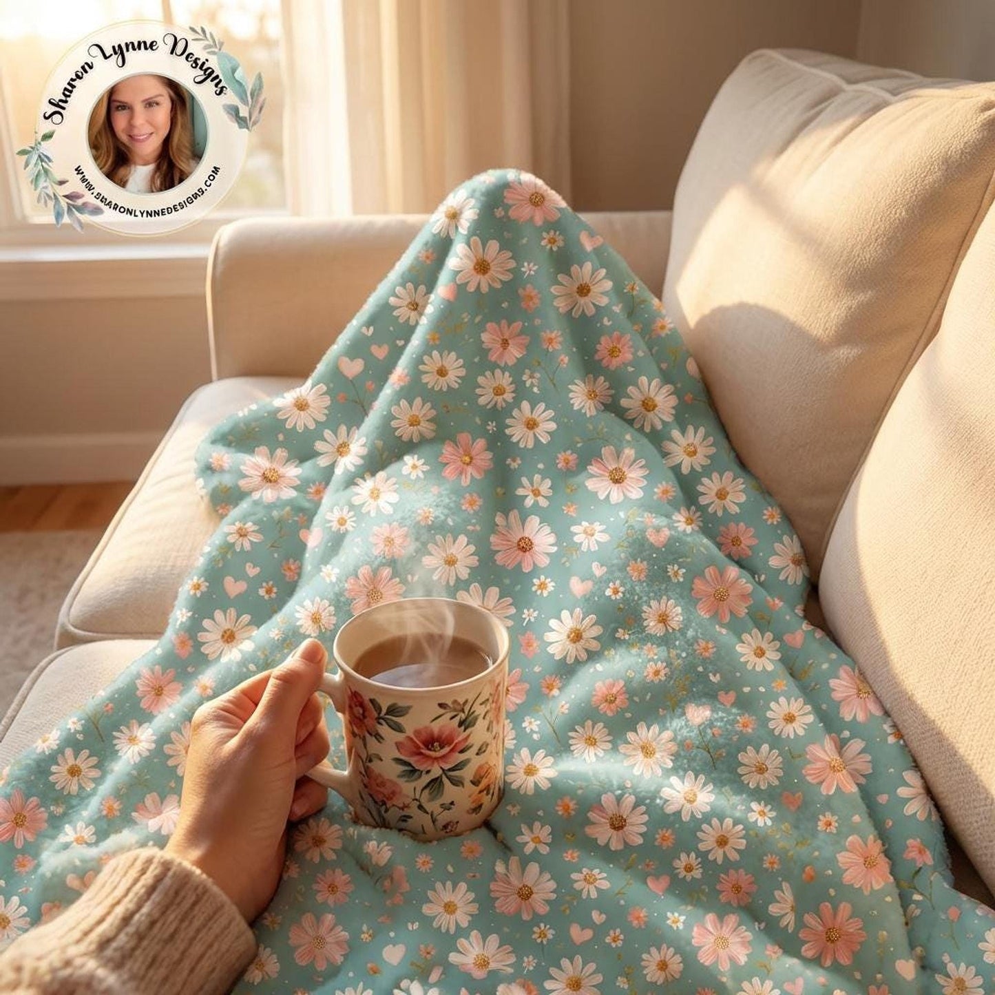 Botanical Comfort Sherpa Blanket, Reversible Daisy Floral Design with 100% Polyester Fleece Reverse