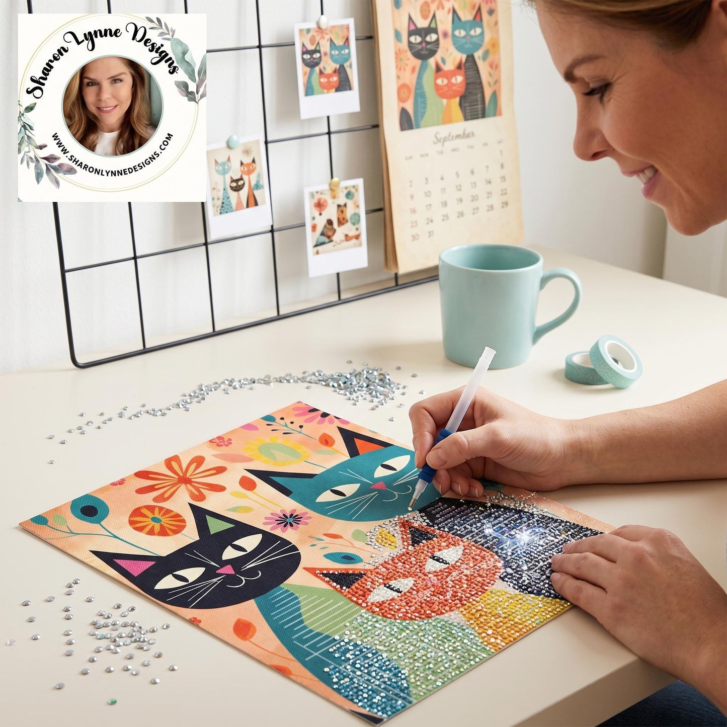Retro Cat Diamond Art Kit, 16 x 20 Inch Canvas with Acrylic Beads