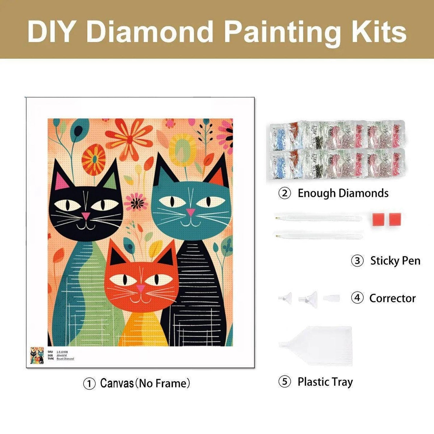 Retro Cat Diamond Art Kit, 16 x 20 Inch Canvas with Acrylic Beads