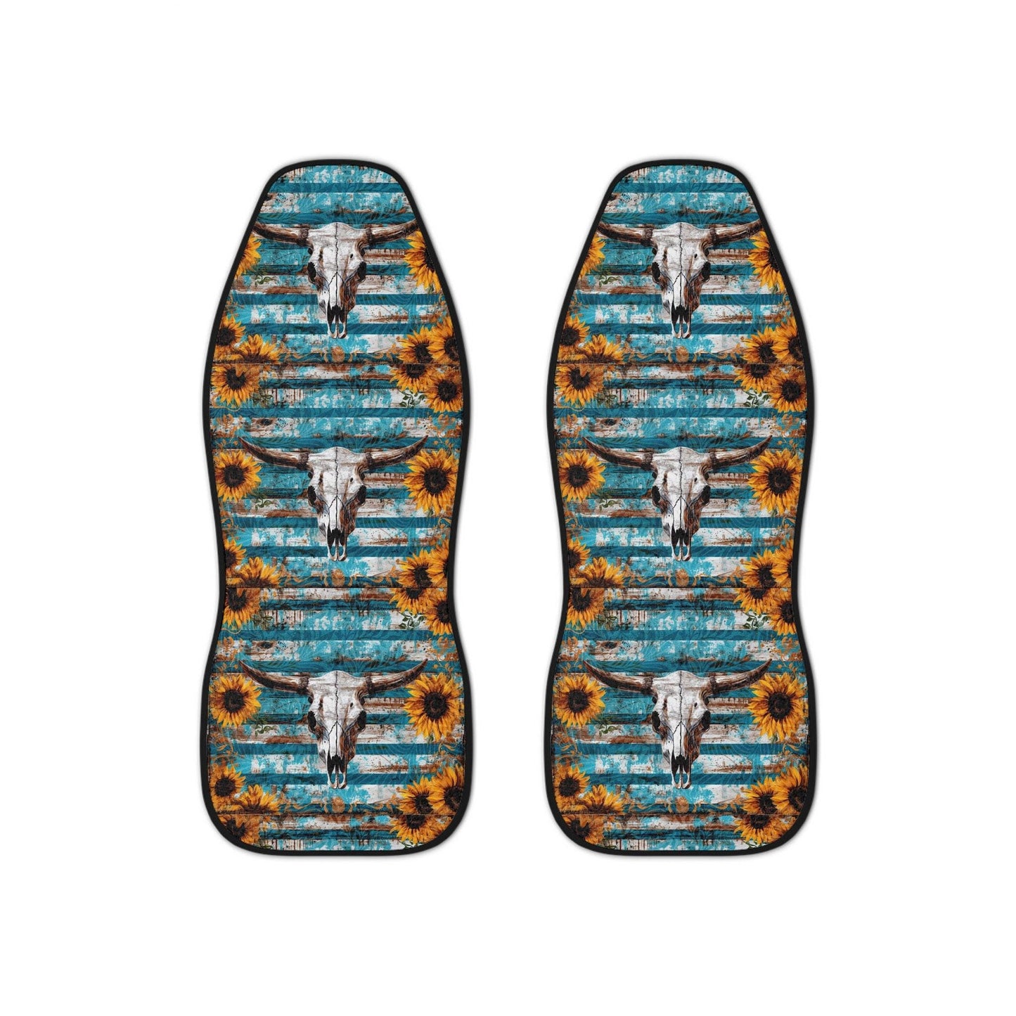 Blue Car Seat Covers, Western Skull Sunflower Print, Elastic Polyester 2-Piece Set