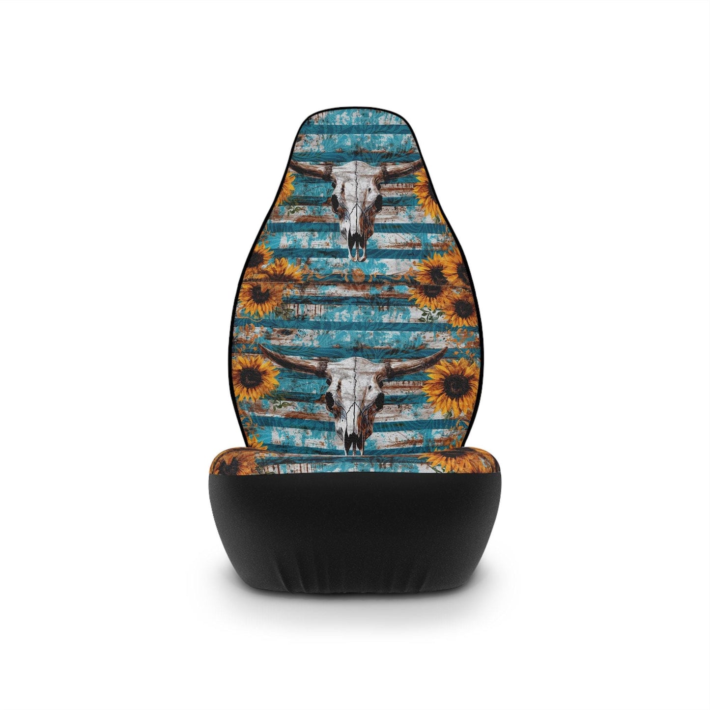 Blue Car Seat Covers, Western Skull Sunflower Print, Elastic Polyester 2-Piece Set