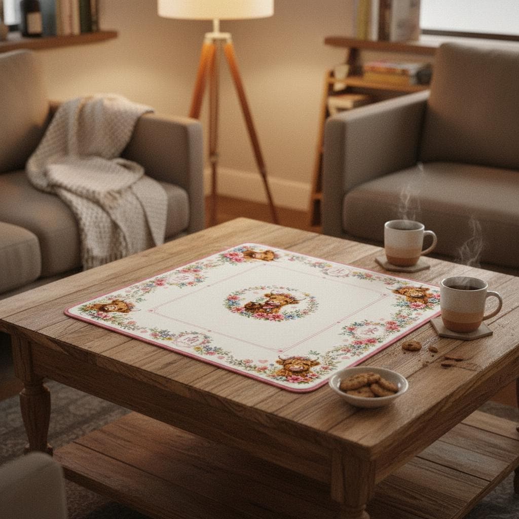 Highland Cow Floral Mahjong Mat, Non-Slip Game Table Protector (26"x26")