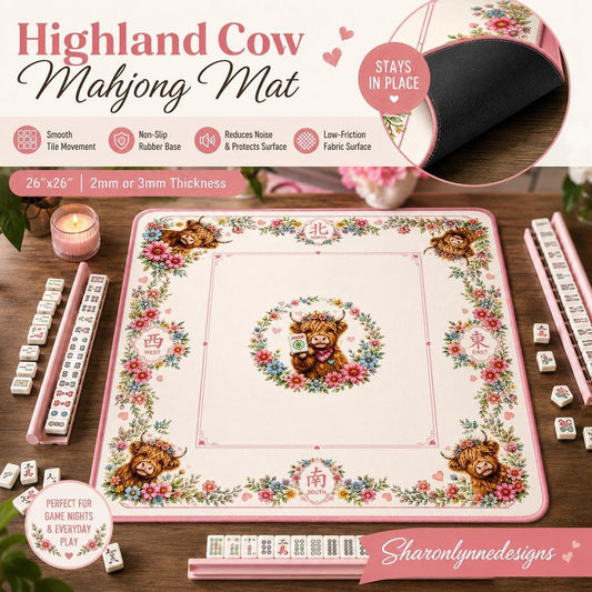 Highland Cow Floral Mahjong Mat, Non-Slip Game Table Protector (26"x26")