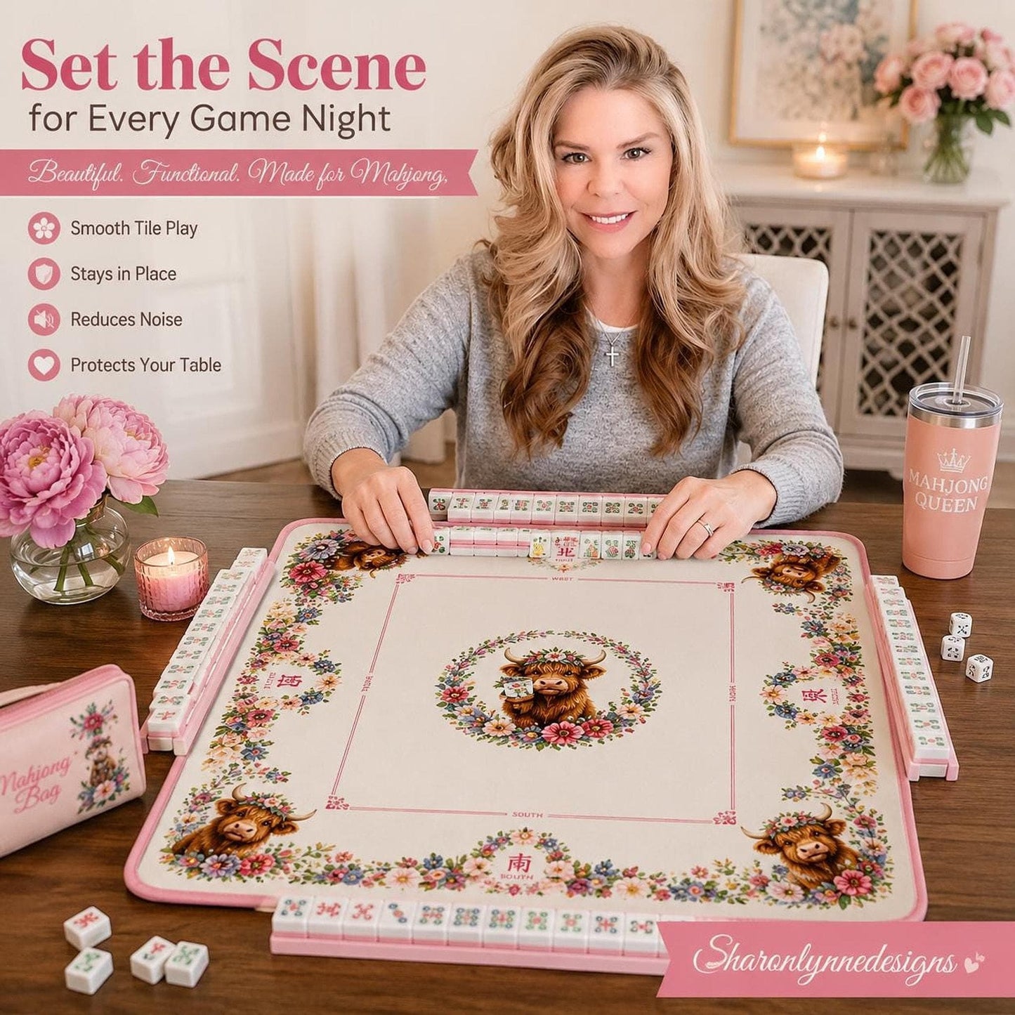 Highland Cow Floral Mahjong Mat, Non-Slip Game Table Protector (26"x26")