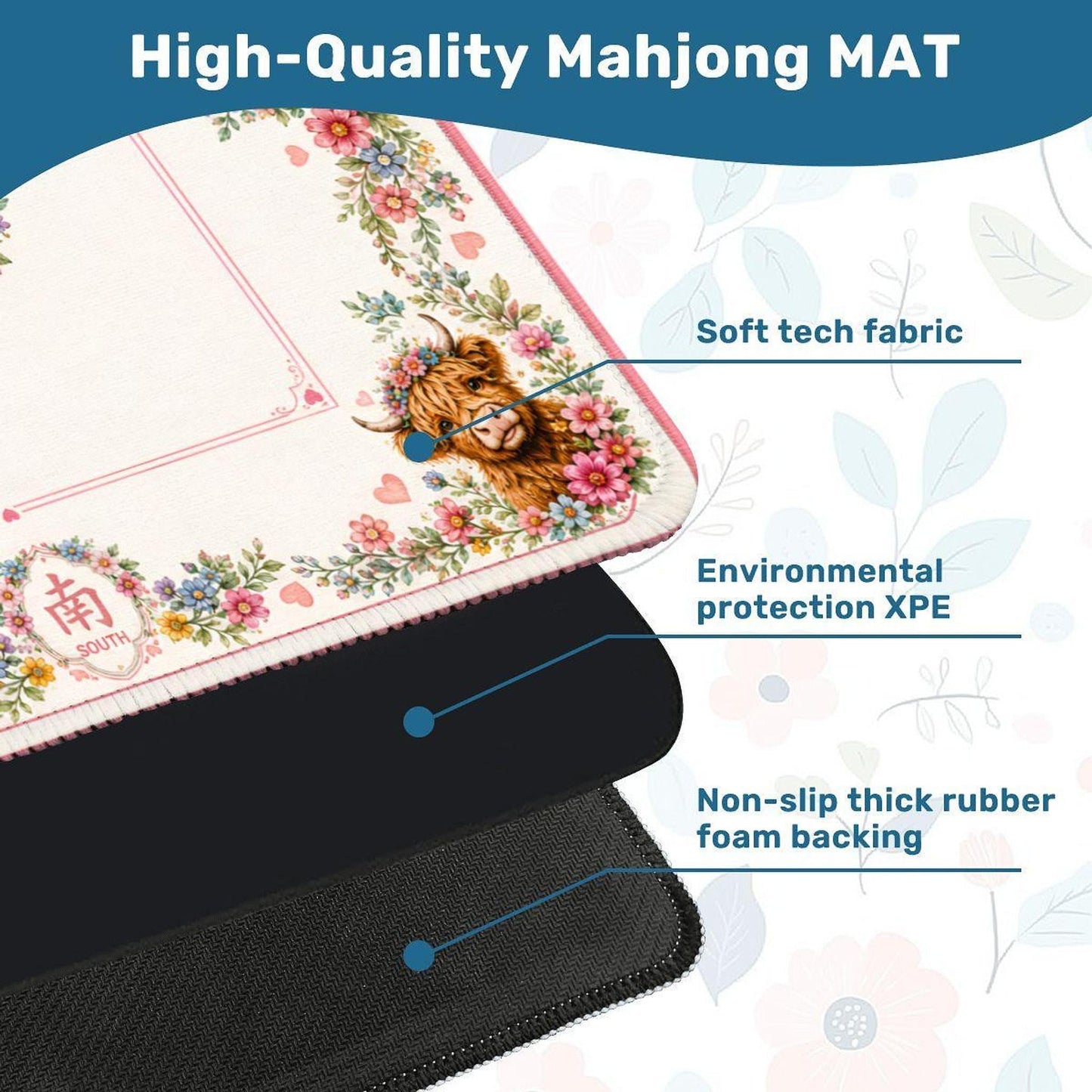 Highland Cow Floral Mahjong Mat, Non-Slip Game Table Protector (26"x26")