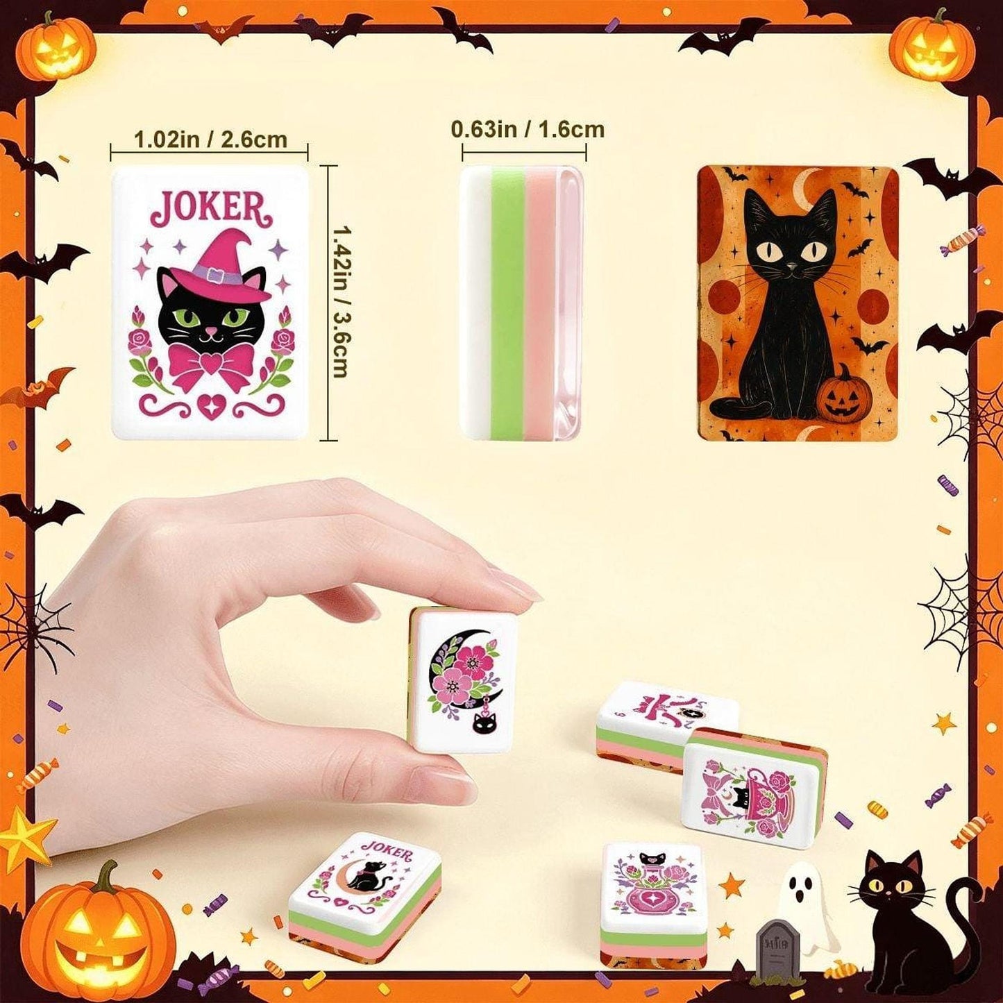 Halloween Mahjong Cat Tiles, 160-Piece Acrylic Set with Spooky Designs