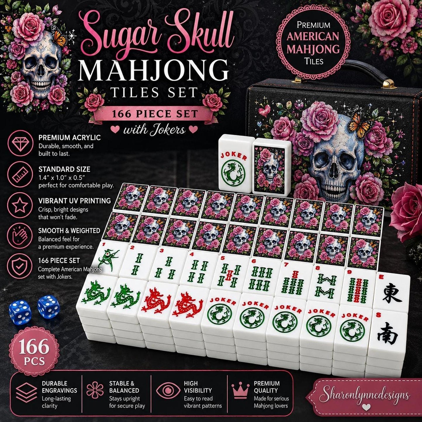 Sugar Skull American Mahjong Tile Set – 166 Piece Acrylic Game Set with Jokers