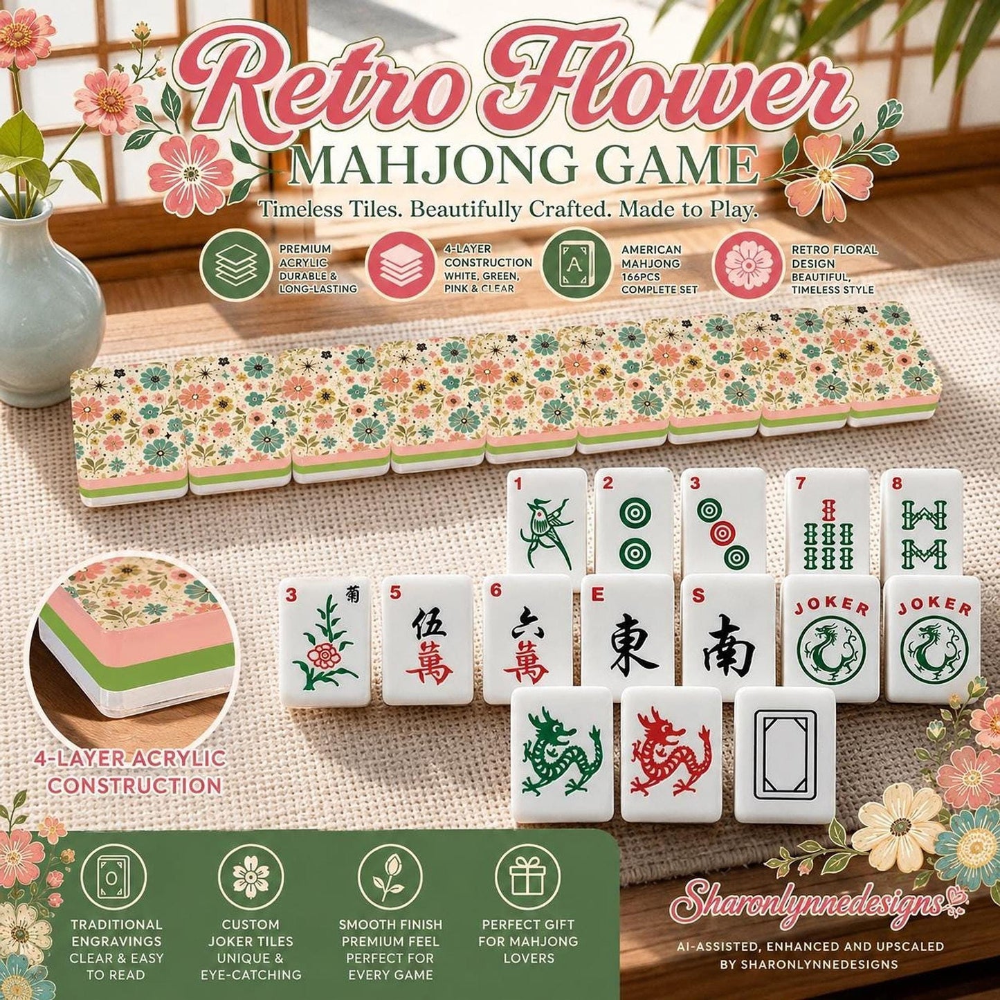 Mahjong Lover Gift, Retro Floral Acrylic Tile Set, 166 Pieces