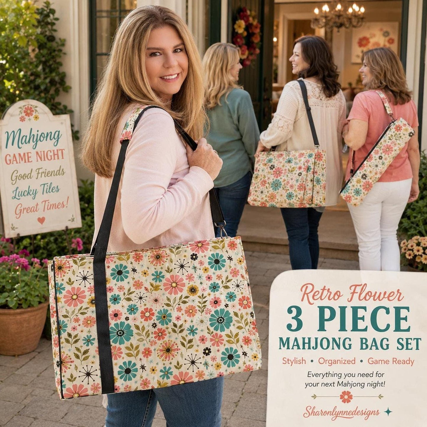 Retro Flower Mahjong Bag Set – 3 Piece Canvas Storage & Travel Set
