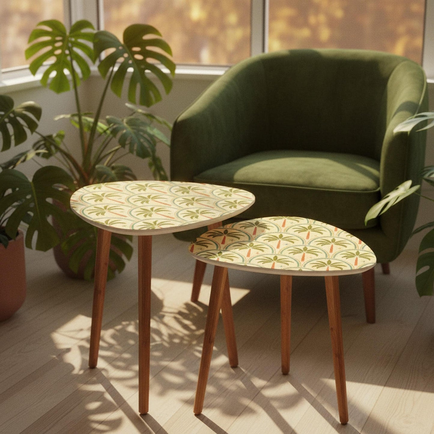 Nesting Table Set, Triangle Shapes with Palm Tree Pattern and Natural Bamboo Legs