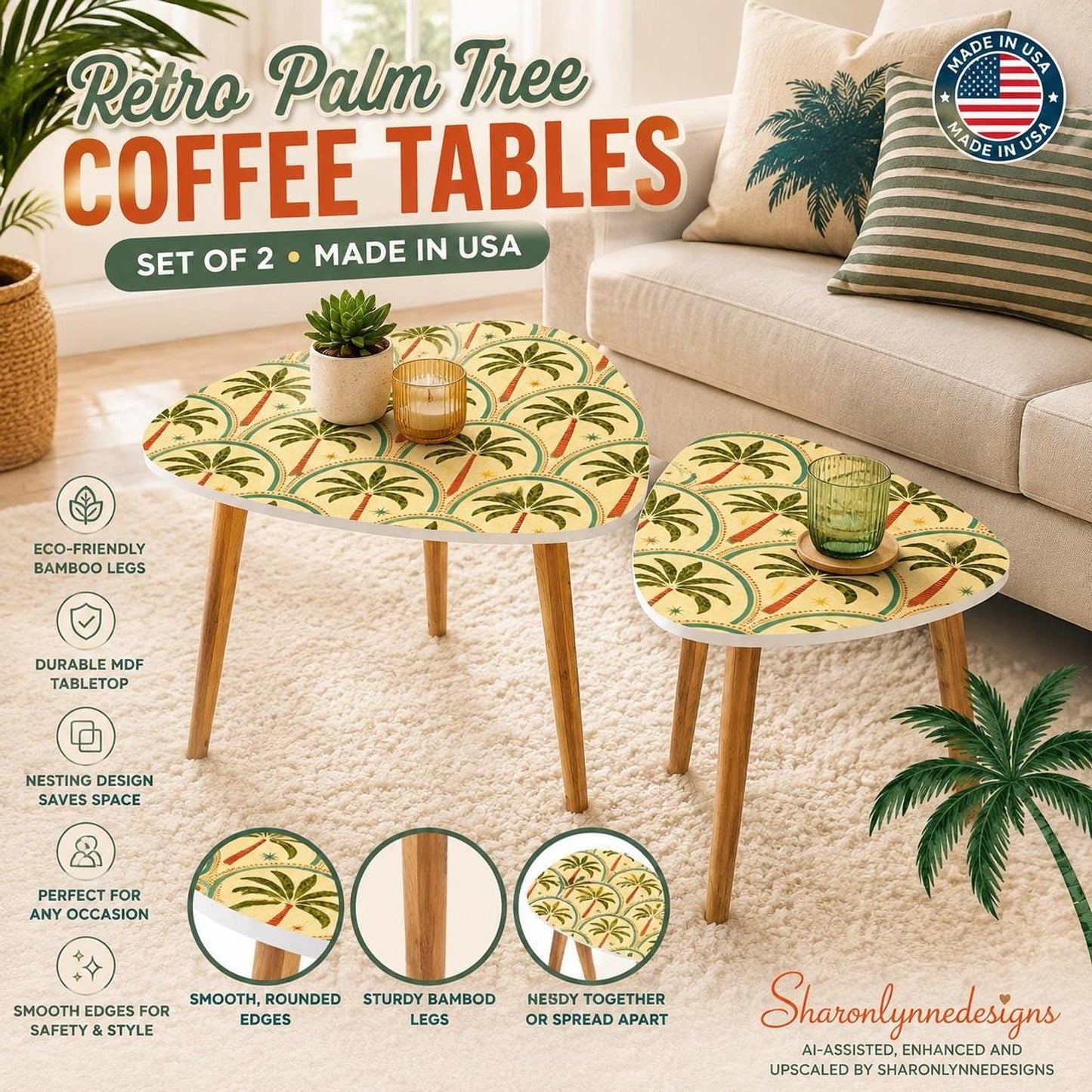 Nesting Table Set, Triangle Shapes with Palm Tree Pattern and Natural Bamboo Legs