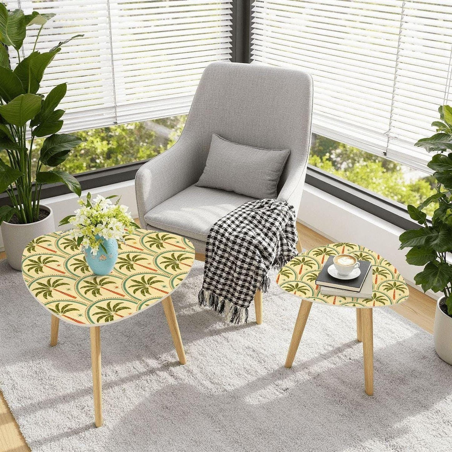 Nesting Table Set, Triangle Shapes with Palm Tree Pattern and Natural Bamboo Legs