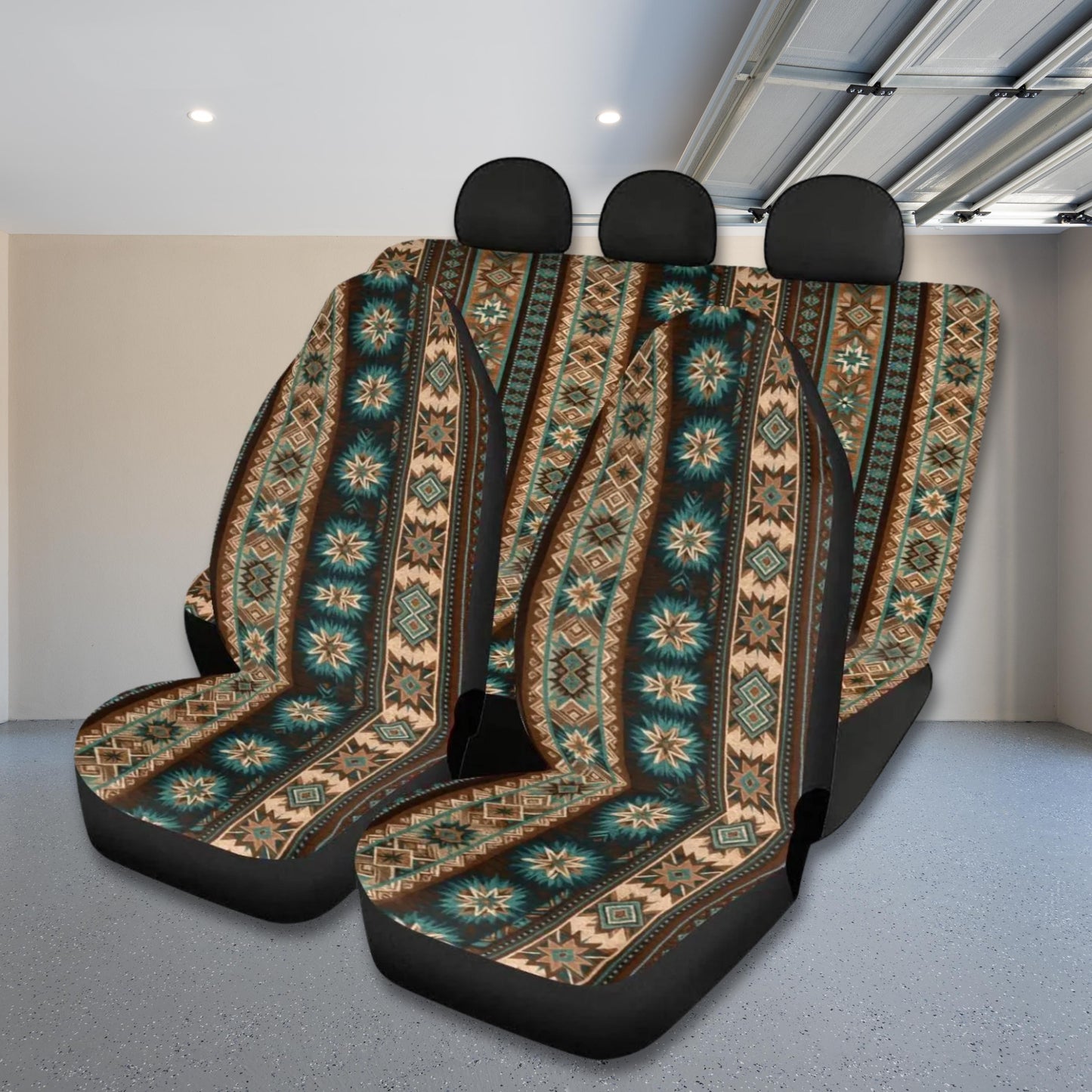 Southwestern Car Seat Covers, Aztec Pattern in Brown and Teal